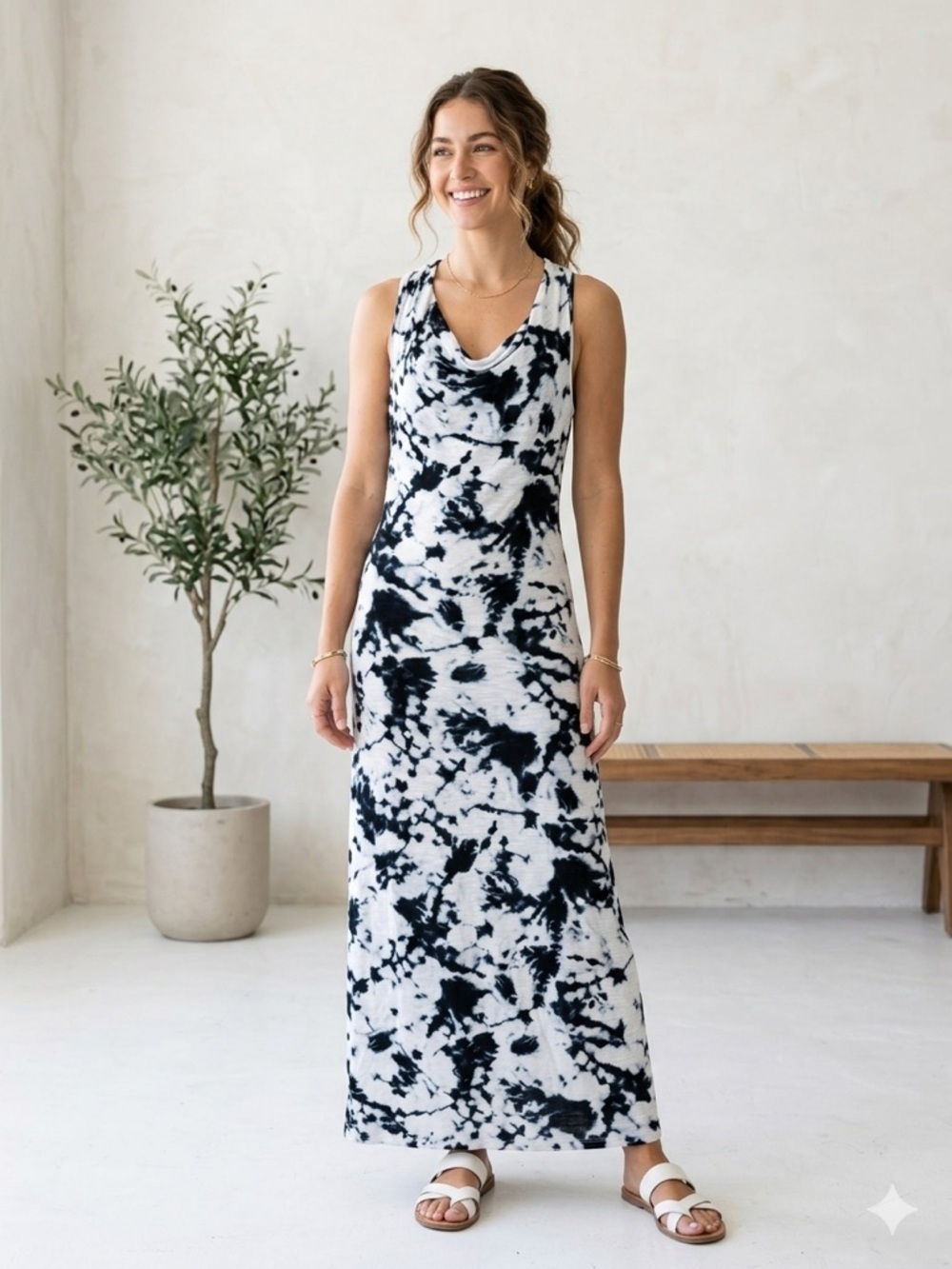 Cynthia Rowley Navy & White Tie-Dye Sleeveless‎ Racerback Cowl Neck Maxi Dress